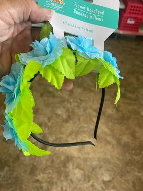 Blue Flower Headband with Lime Green Leaves